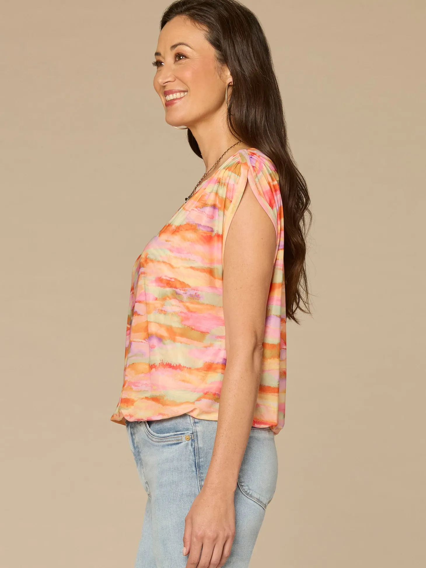Extended Shoulder Boat Neck Bubble Hem Printed Petite Knit Top