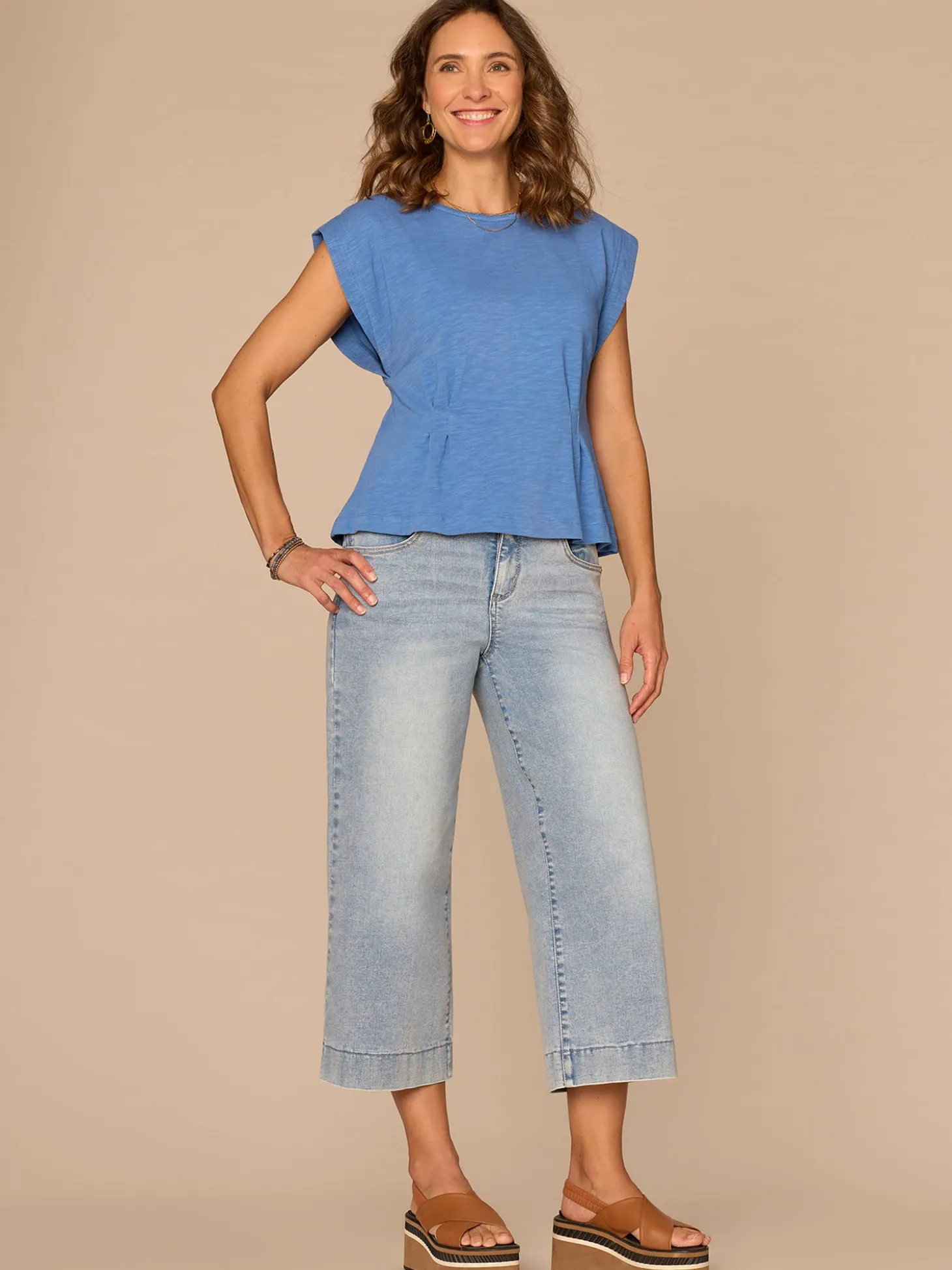 Extended Sleeve Embroidered Scoop Neck Pleated Peplum Knit Top