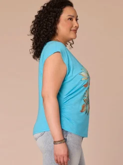 Extended Sleeve Scoop Neck Side Ruched Screen Print Plus Size Knit Top
