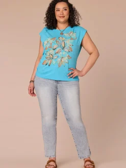 Extended Sleeve Scoop Neck Side Ruched Screen Print Plus Size Knit Top