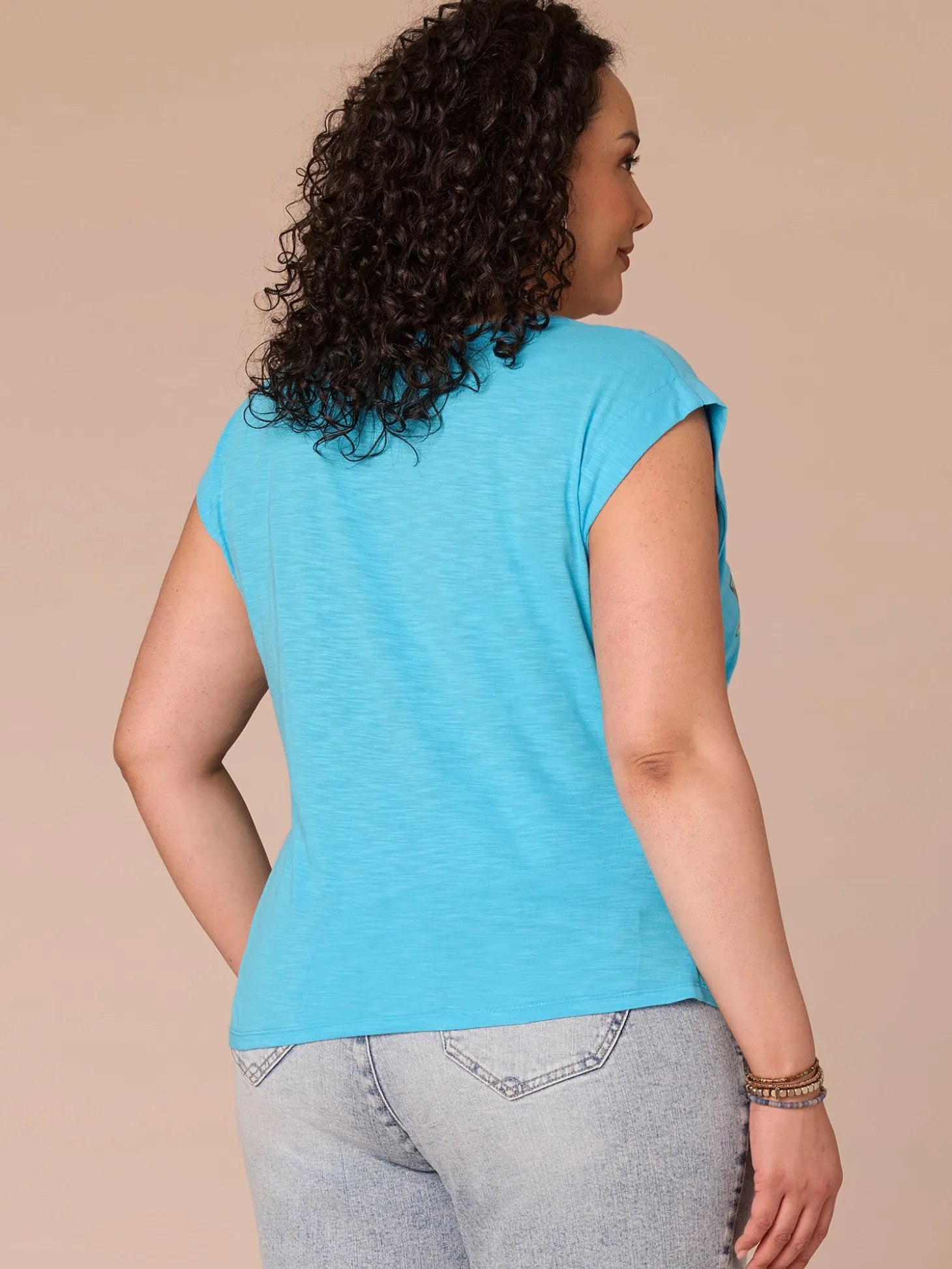 Extended Sleeve Scoop Neck Side Ruched Screen Print Plus Size Knit Top