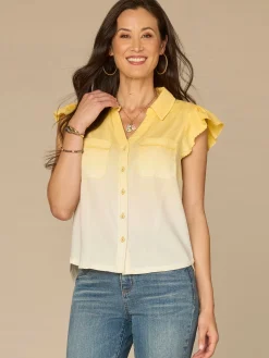 Flutter Sleeve Button Down Scallop Edge Ombre Petite Woven Shirt