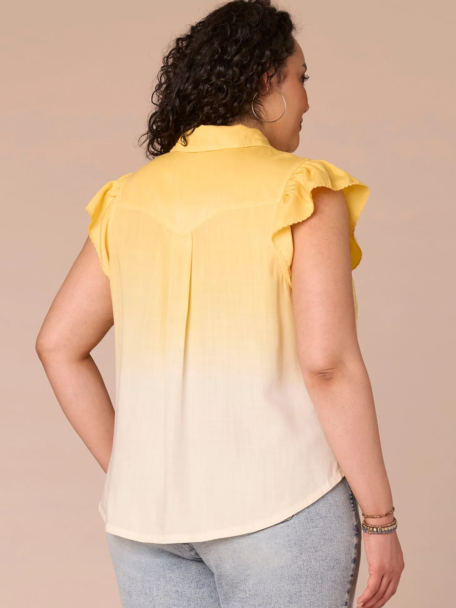 Flutter Sleeve Collar Button Down Scallop Ombre Plus Size Woven Shirt