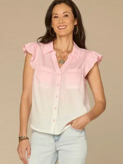 Flutter Sleeve Collared Button Down Scallop Edge Ombre Woven Shirt
