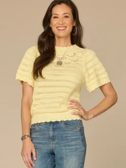 Flutter Sleeve Round Neck Crochet Yoke Scallop Edge Petite Sweater