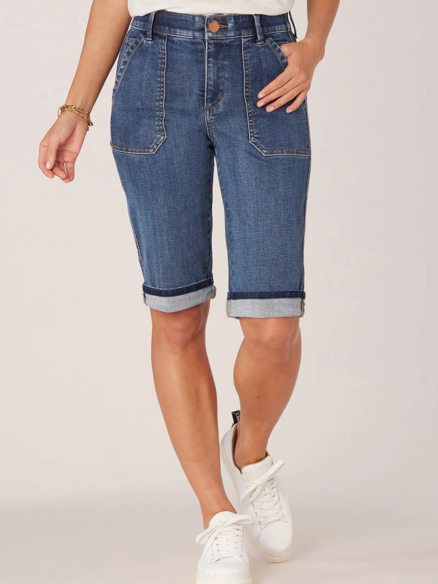 Indigo Denim "Ab"solution High Rise Cuffed Hem Repreve Bermuda Short