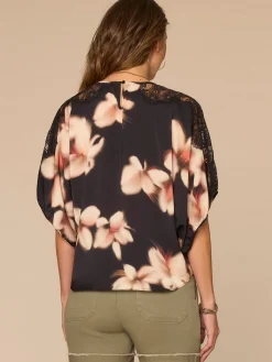 Inset Lace Dolman Sleeve Scoop Neck Floral Print Woven Top