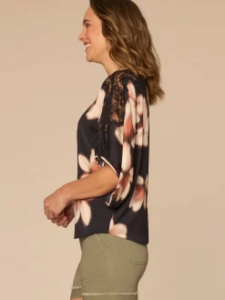 Inset Lace Dolman Sleeve Scoop Neck Floral Print Woven Top