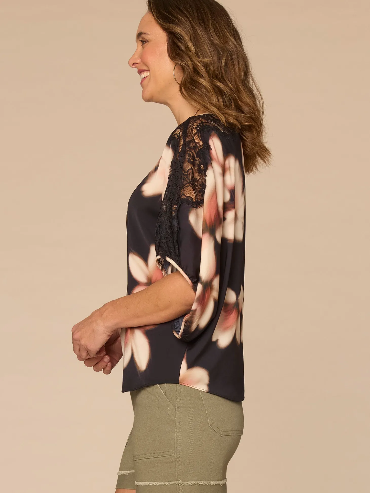 Inset Lace Dolman Sleeve Scoop Neck Floral Print Petite Woven Top