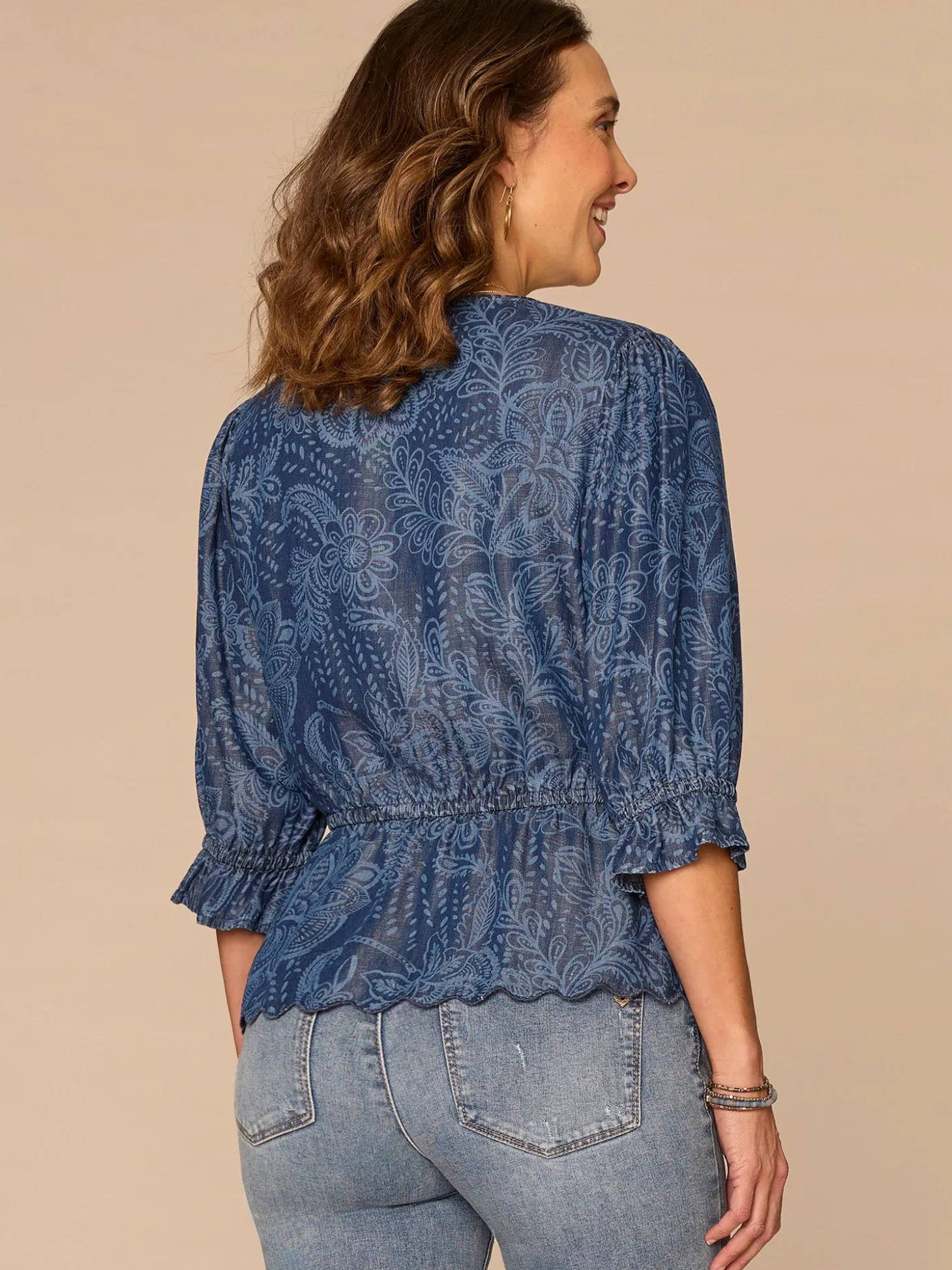 Lantern Sleeve V-Neck Peplum Petite Woven Top with Scallop Detail
