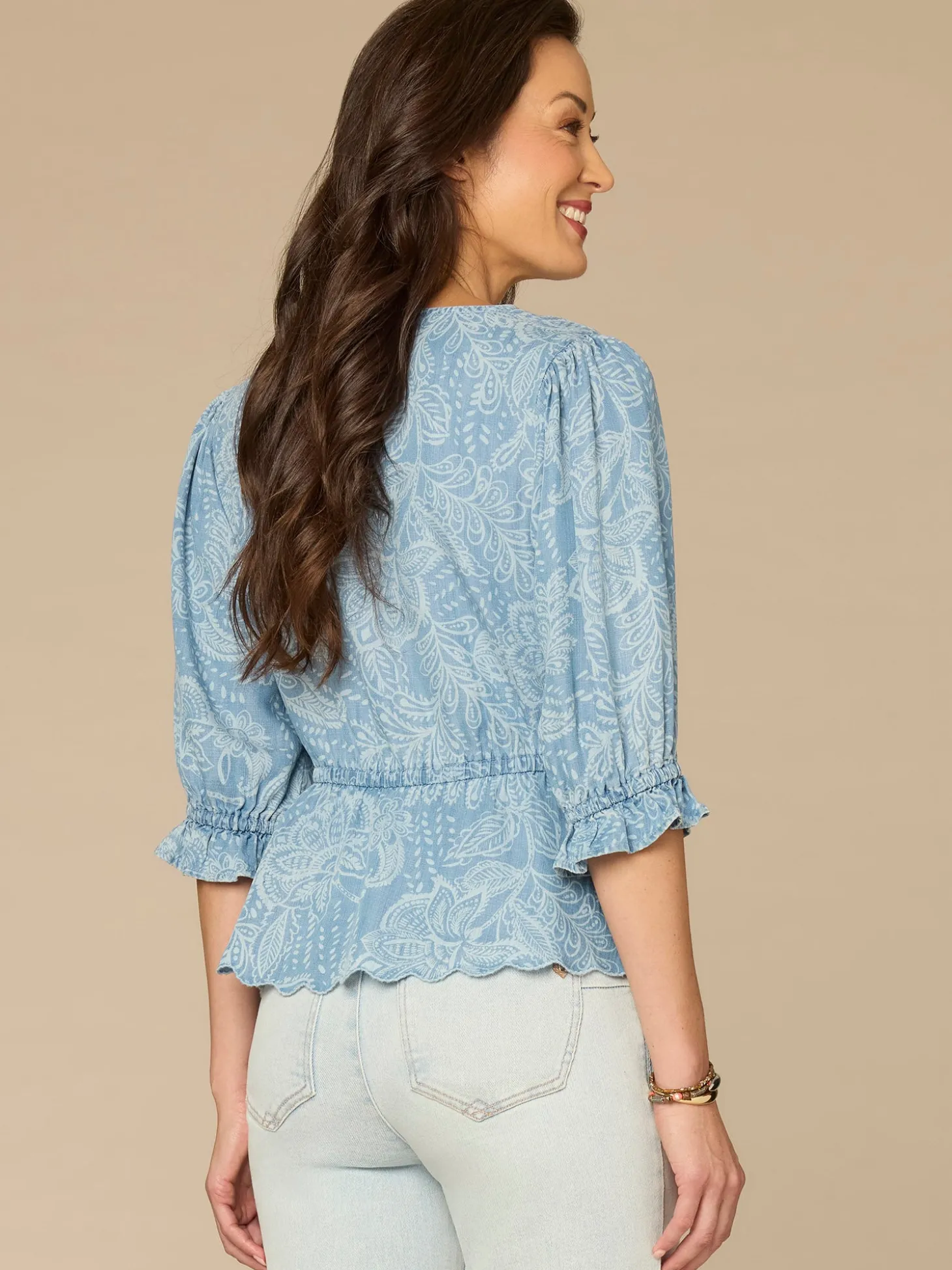 Lantern Sleeve V-Neck Peplum Petite Woven Top with Scallop Detail