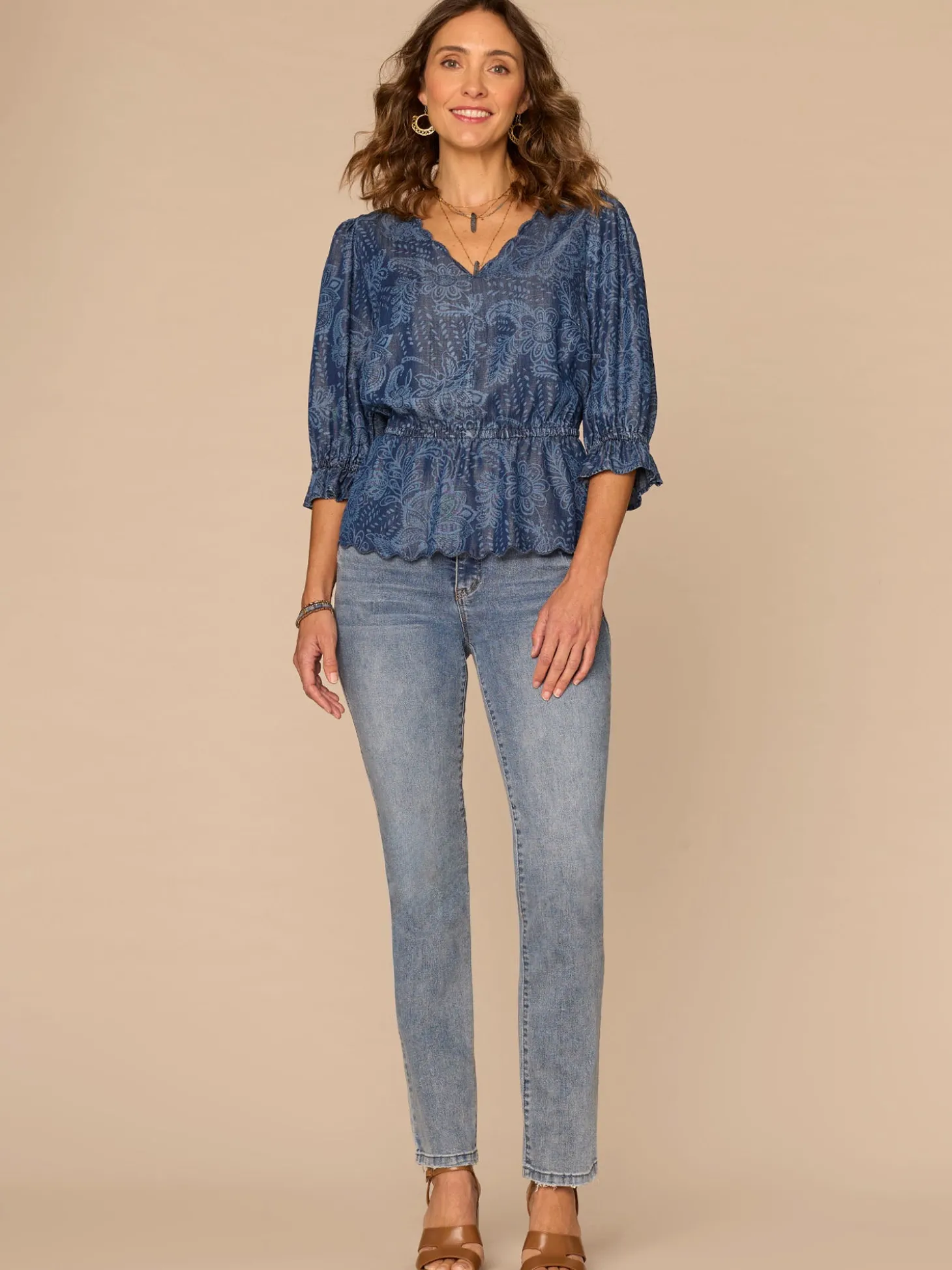 Lantern Sleeve V-Neck Peplum Petite Woven Top with Scallop Detail