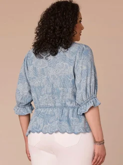 Lantern Sleeve V-Neck Scallop Printed Lyocell Plus Size Woven Top