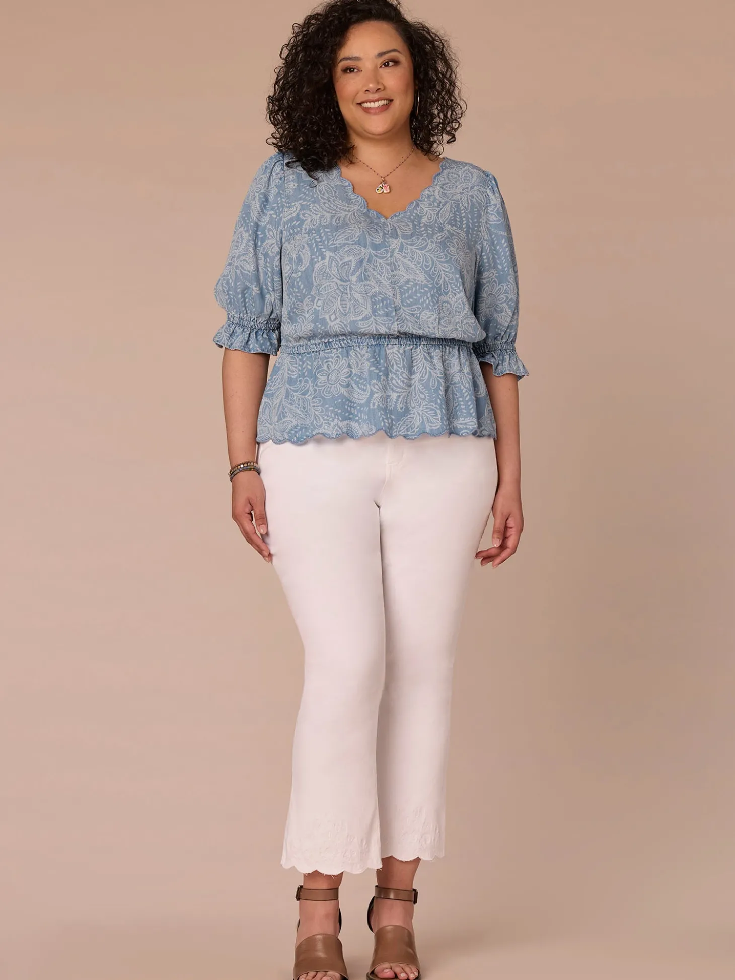 Lantern Sleeve V-Neck Scallop Printed Lyocell Plus Size Woven Top