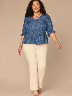 Lantern Sleeve V-Neck Scallop Printed Lyocell Plus Size Woven Top