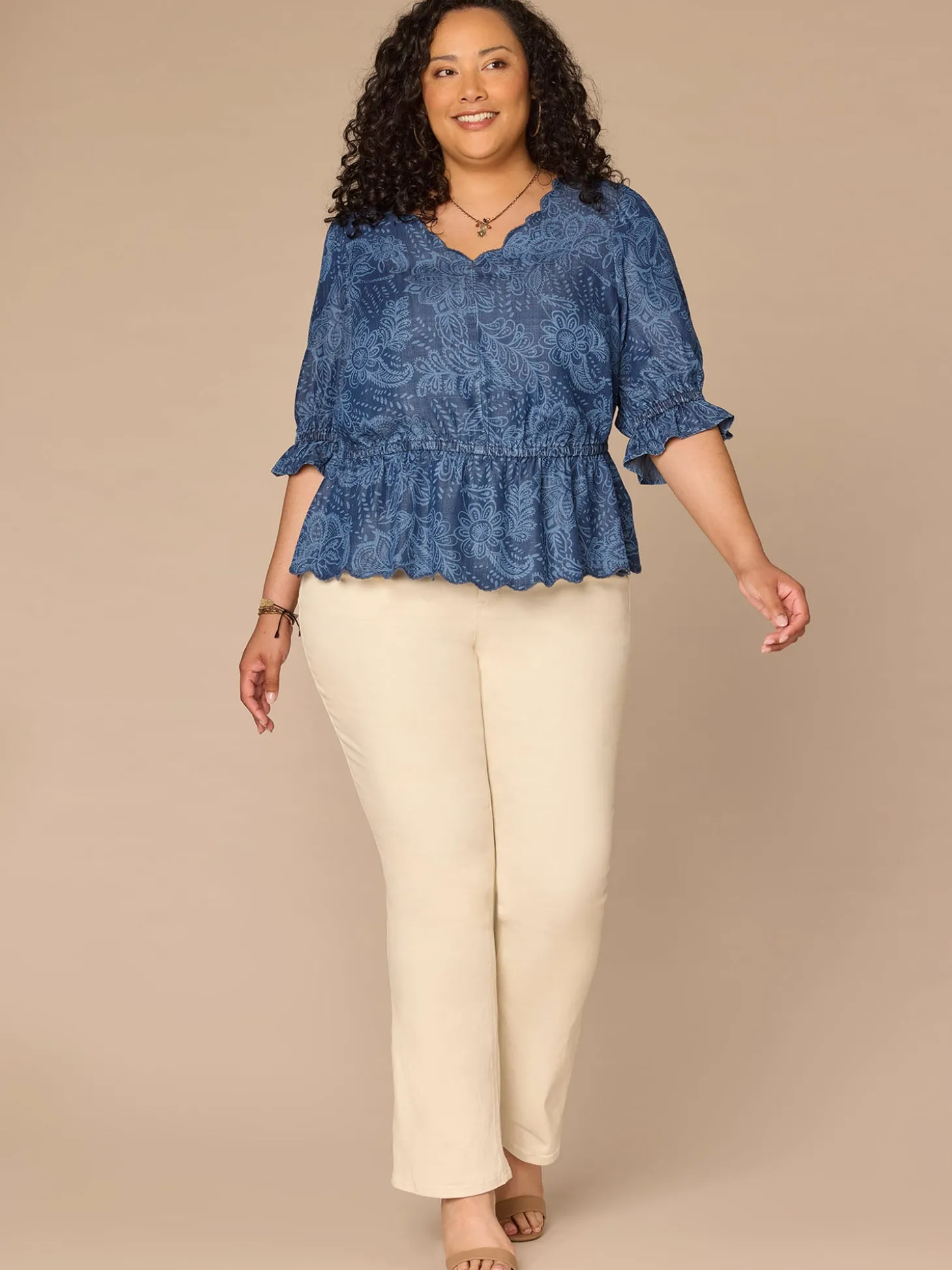 Lantern Sleeve V-Neck Scallop Printed Lyocell Plus Size Woven Top
