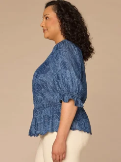 Lantern Sleeve V-Neck Scallop Printed Lyocell Plus Size Woven Top