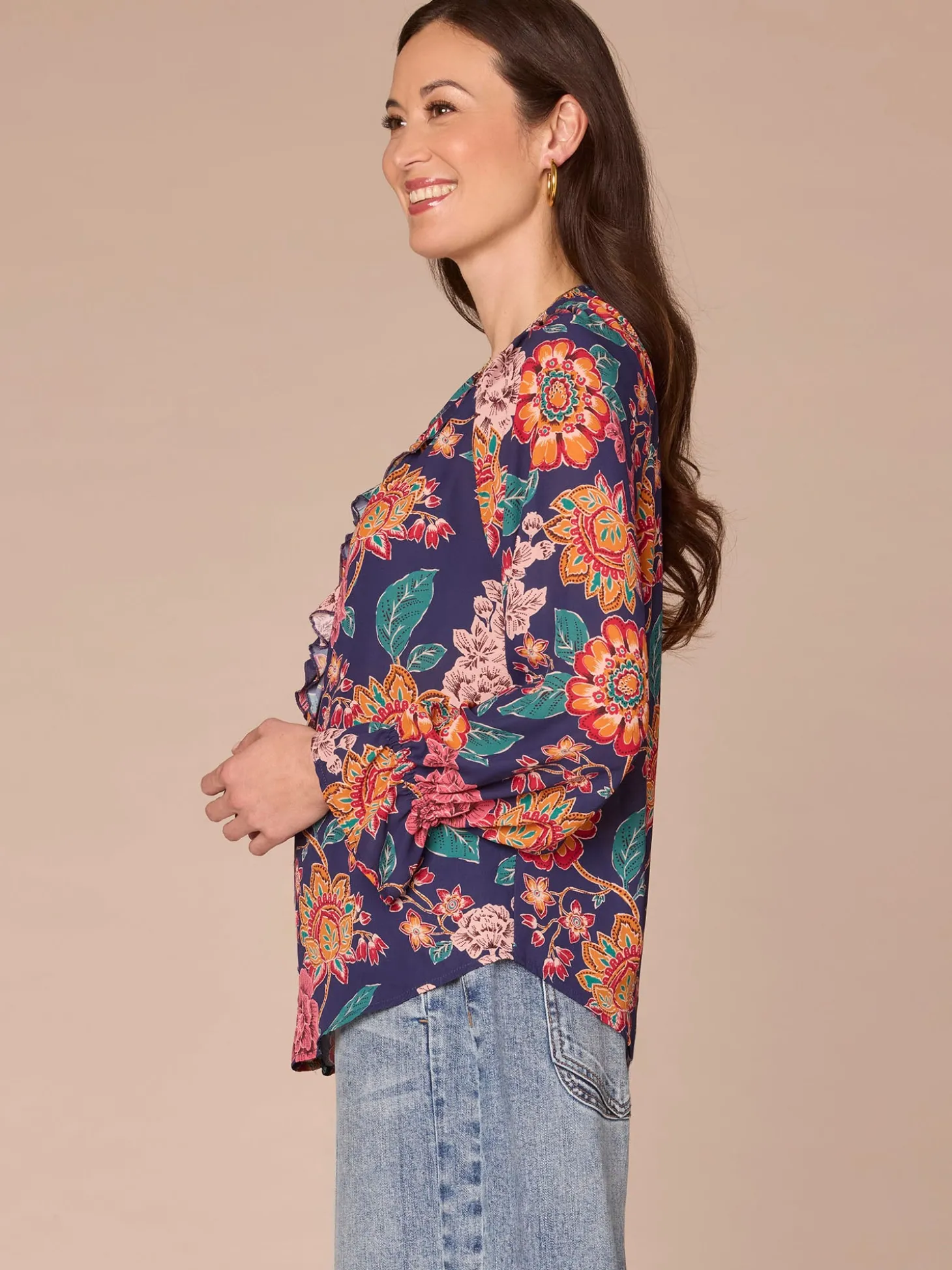 Long Flounce Sleeve V-Neck Ruffle Placket Printed Petite Woven Top