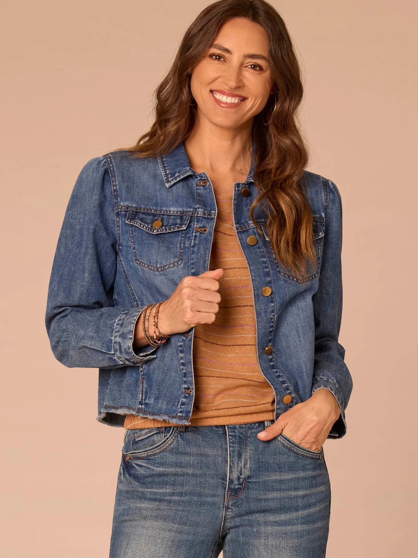 Long Puff Sleeve Button Up Denim Jacket with Frayed Hem