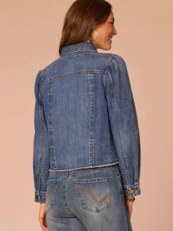 Long Puff Sleeve Button Up Denim Jacket with Frayed Hem