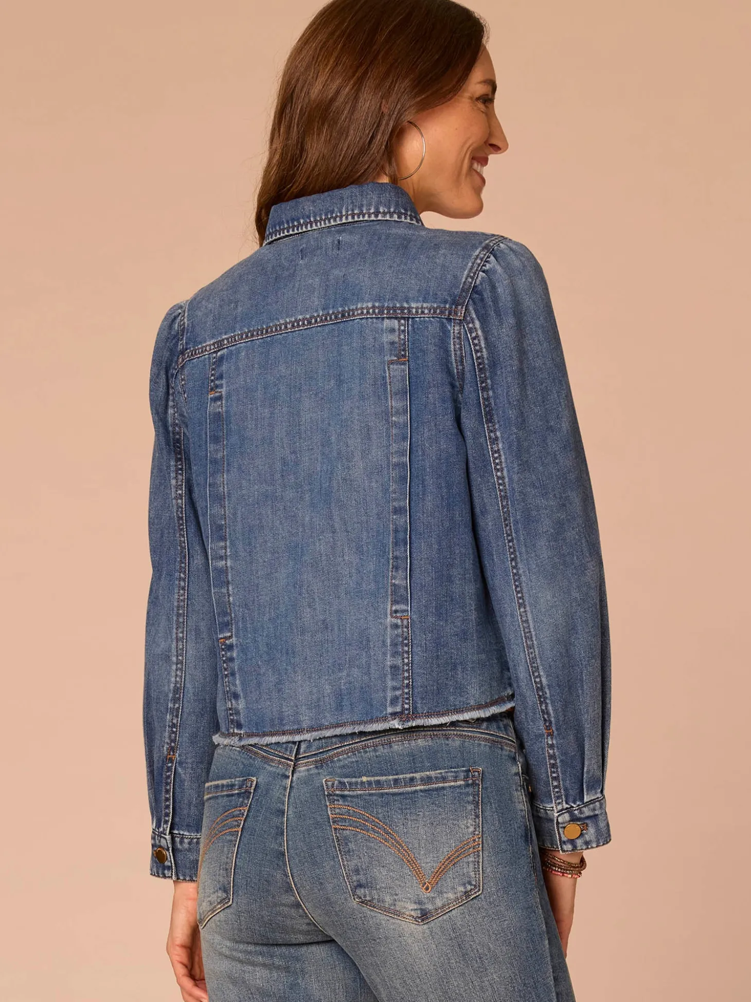 Long Puff Sleeve Button Up Denim Jacket with Frayed Hem