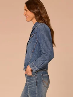 Long Puff Sleeve Button Up Denim Jacket with Frayed Hem