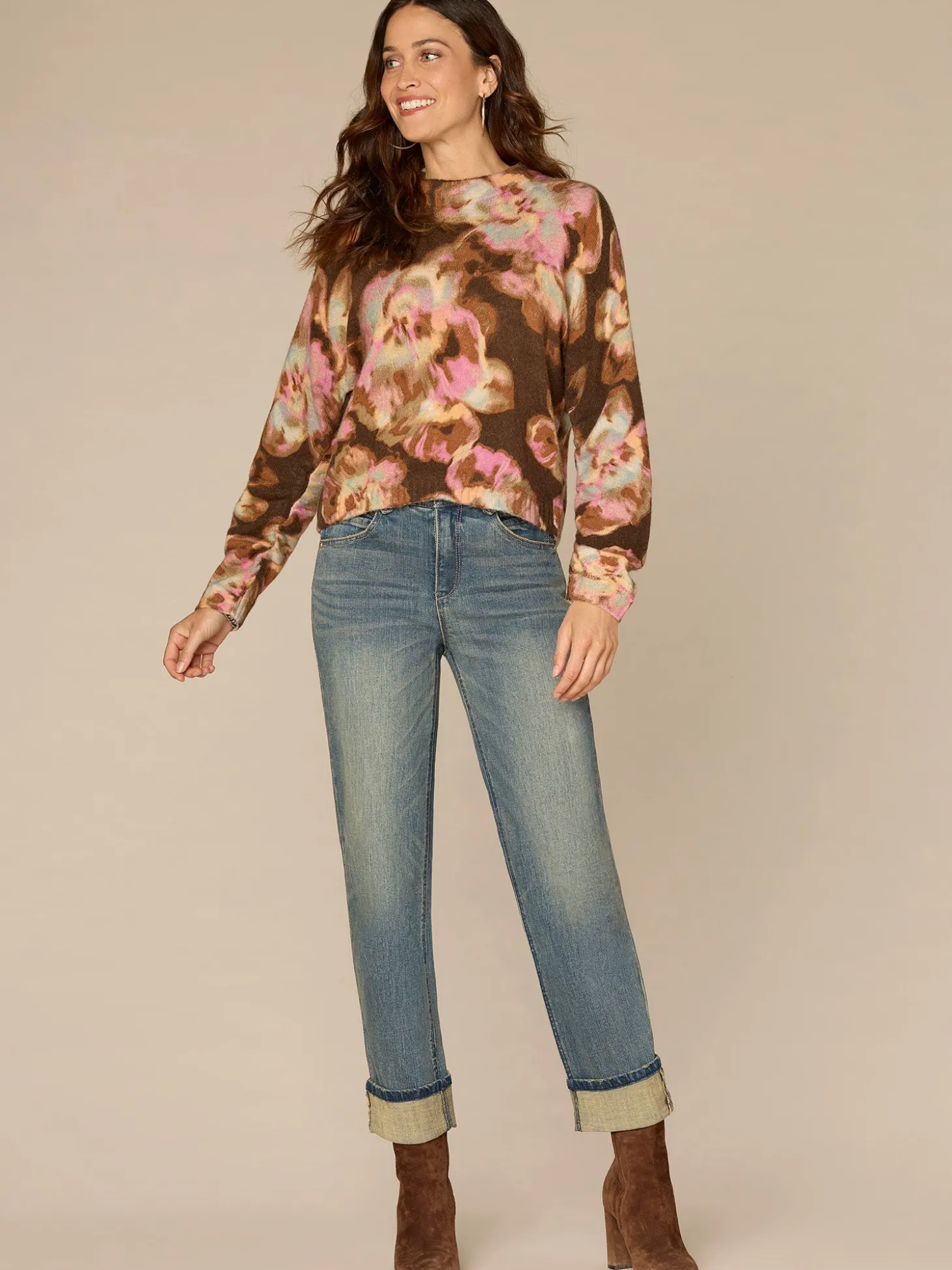 Long Ruched Sleeve Mock Neck Abstract Floral Print Petite Sweater