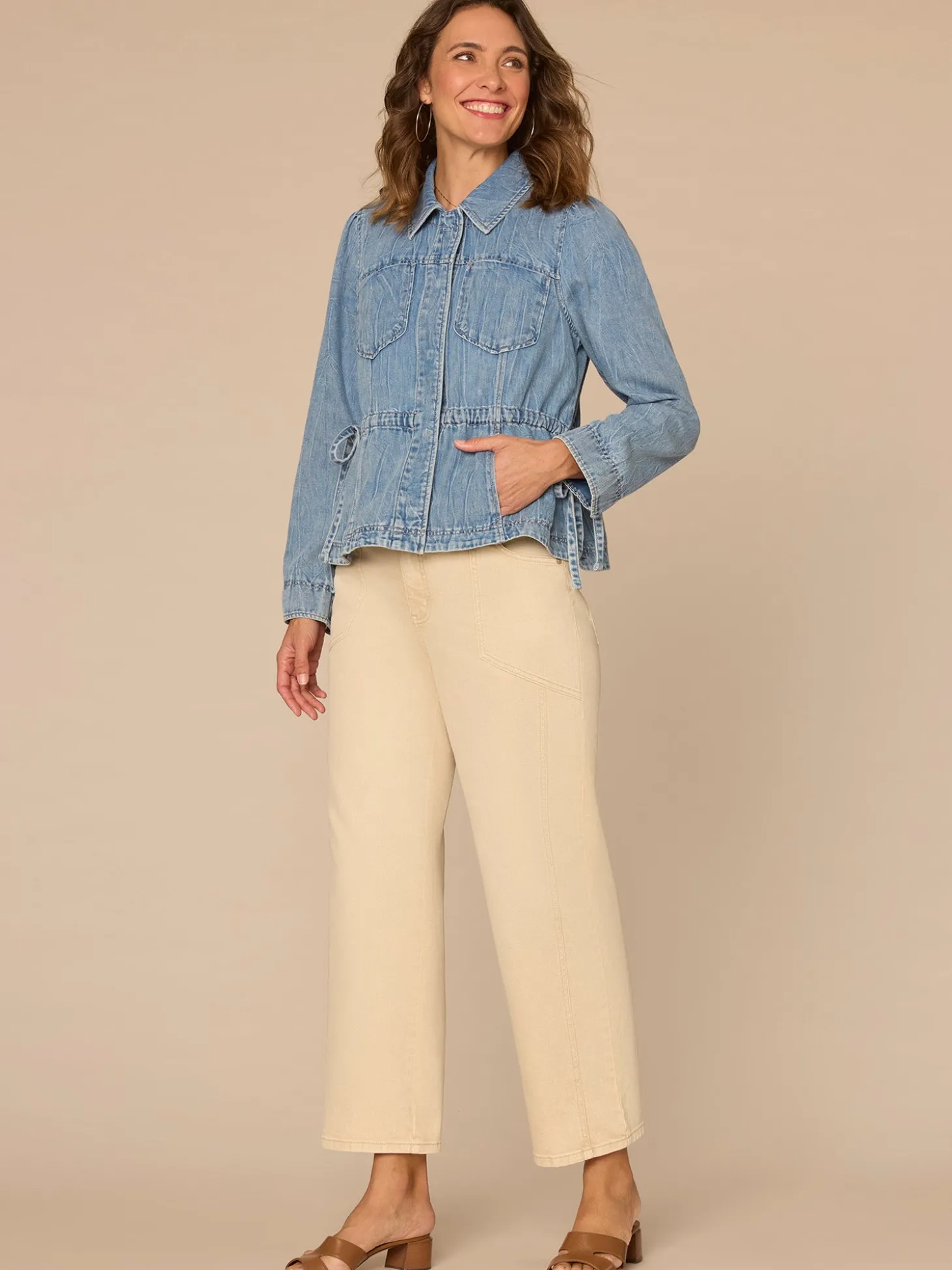 Long Sleeve Hidden Snap Front Peplum Denim Jacket with Waistband Tie