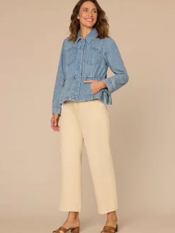 Long Sleeve Hidden Snap Front Peplum Petite Denim Jacket