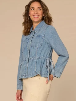 Long Sleeve Hidden Snap Front Peplum Petite Denim Jacket