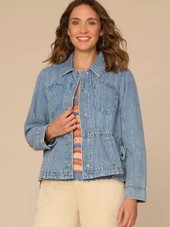 Long Sleeve Hidden Snap Front Peplum Petite Denim Jacket