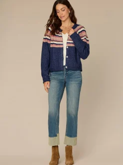 Long Sleeve Round Neck Snap Front Striped Petite Sweater Cardigan