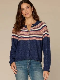 Long Sleeve Round Neck Snap Front Striped Petite Sweater Cardigan