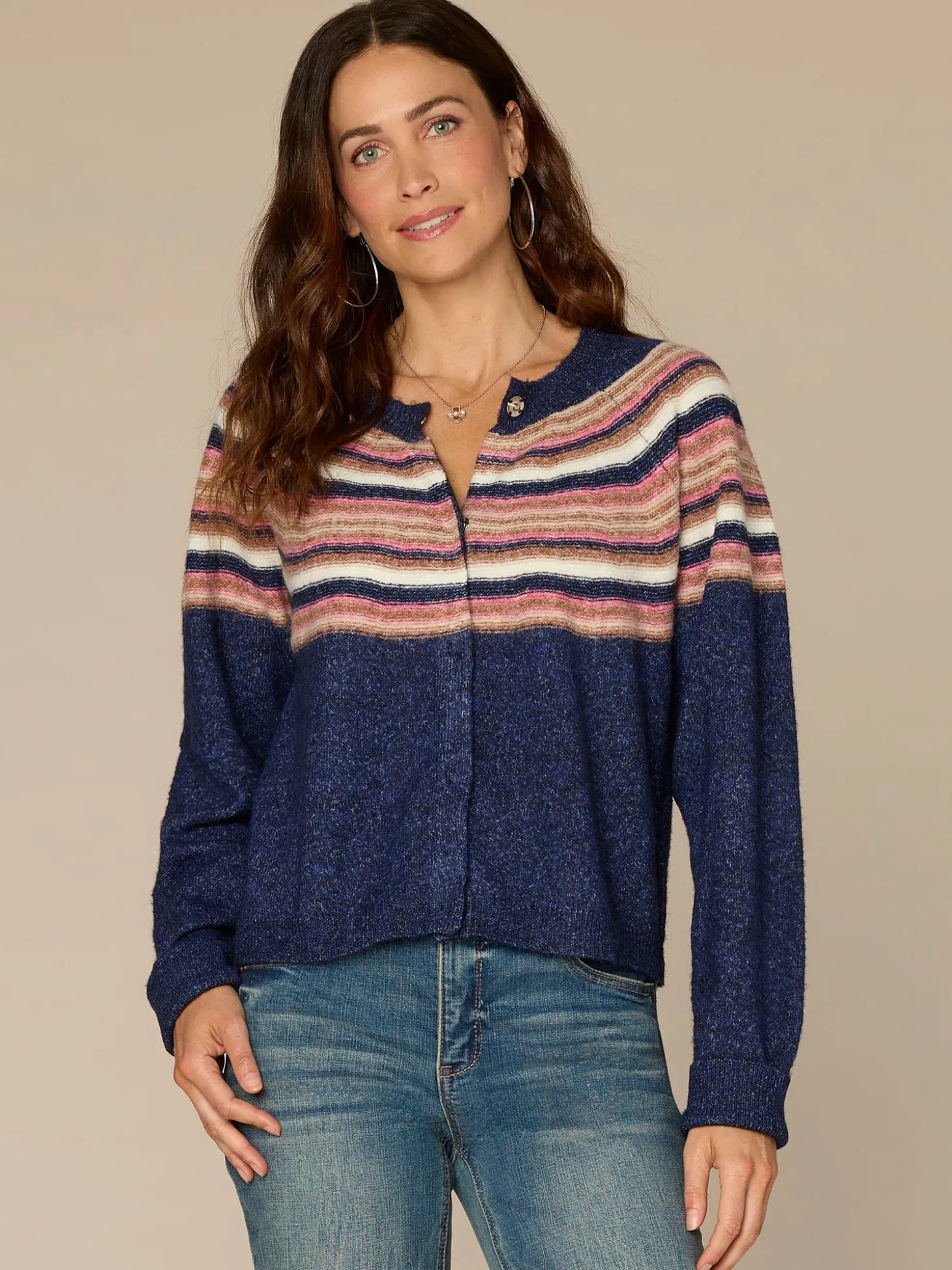 Long Sleeve Round Neck Snap Front Striped Petite Sweater Cardigan