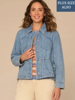 Long Sleeve Snap Front Waistband Tie Plus Size Peplum Denim Jacket