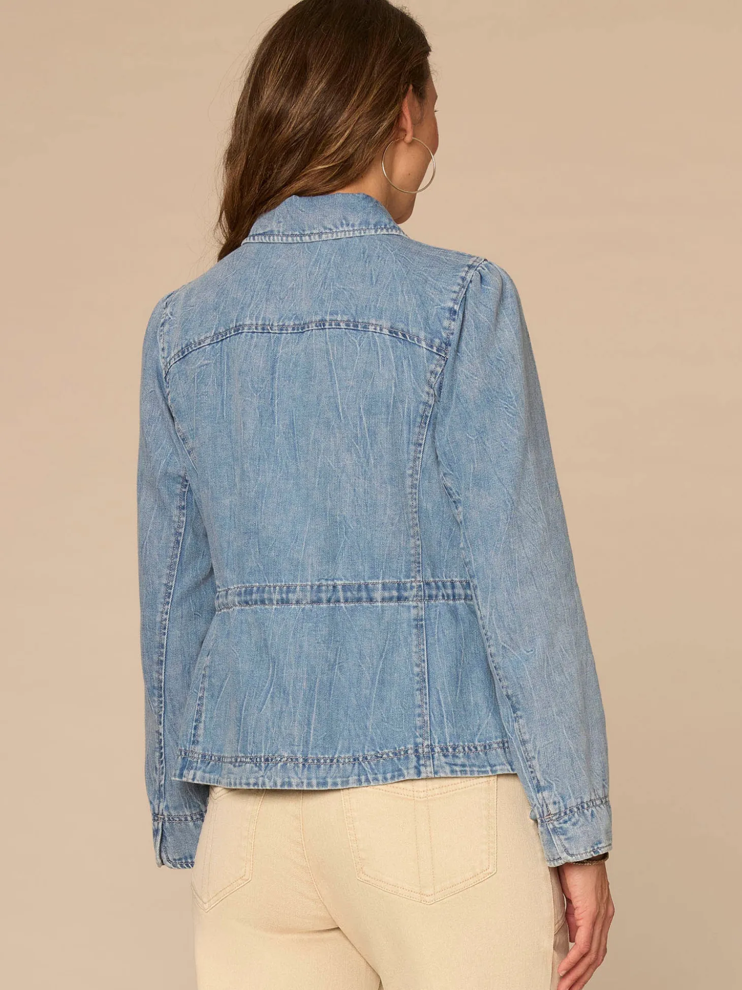 Long Sleeve Snap Front Waistband Tie Plus Size Peplum Denim Jacket