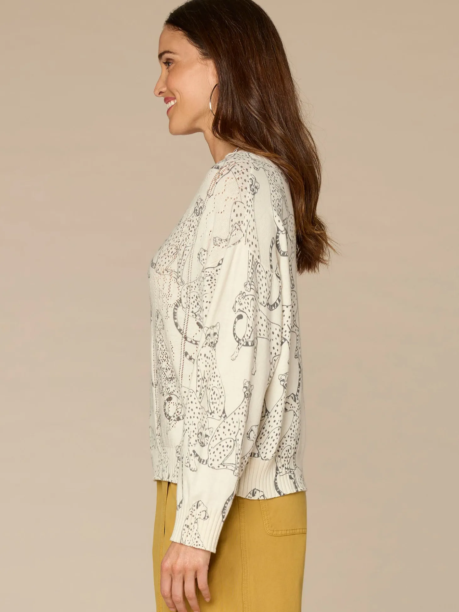 Long Straight Sleeve Ribbed Boat Neck Printed Pull Over Petite Sweater