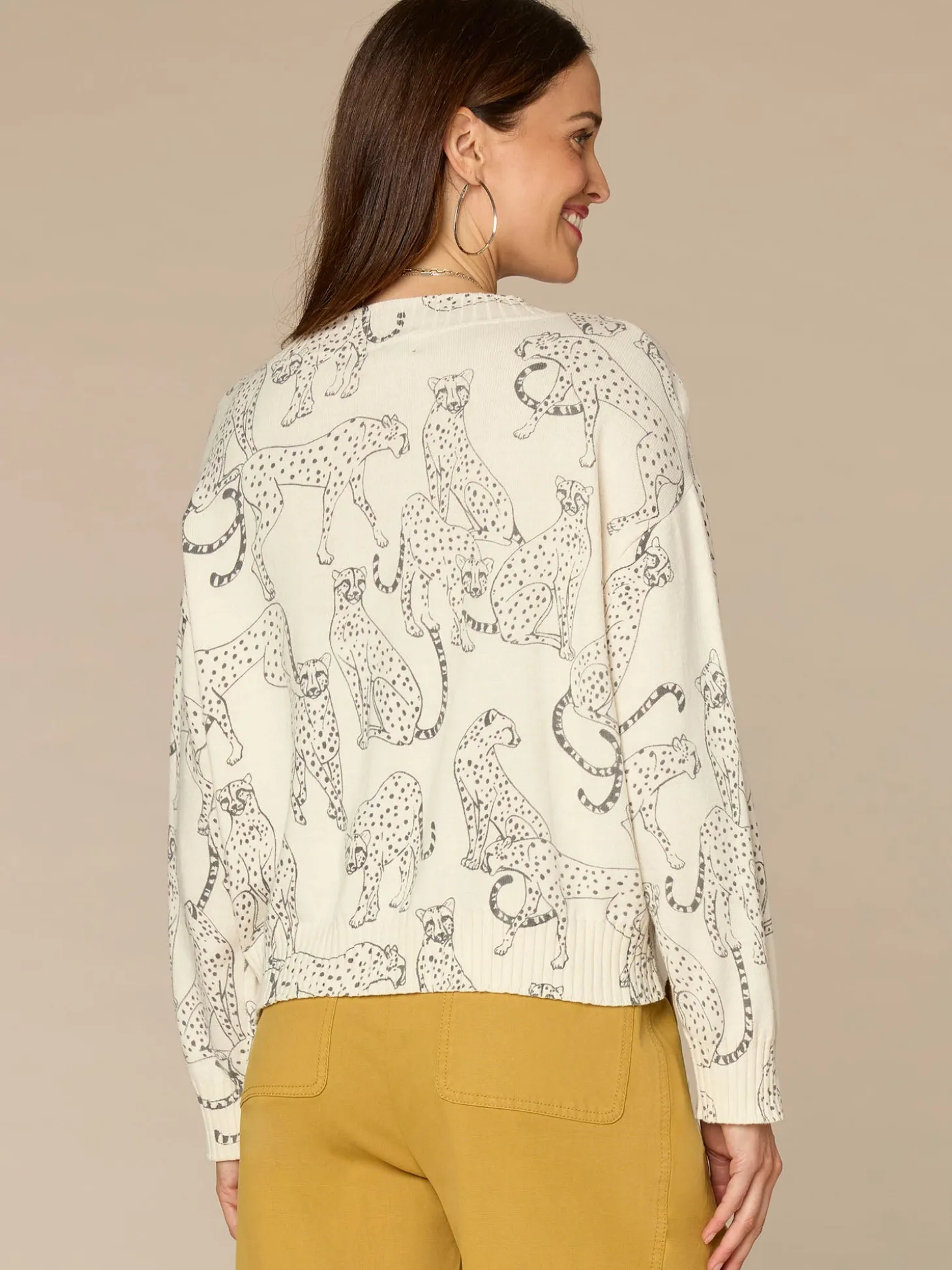 Long Straight Sleeve Ribbed Boat Neck Printed Pull Over Petite Sweater