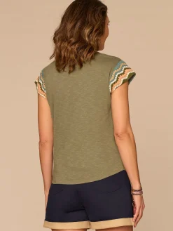 Multi Color Crochet Cap Sleeve Notched V-Neck Petite Knit Top