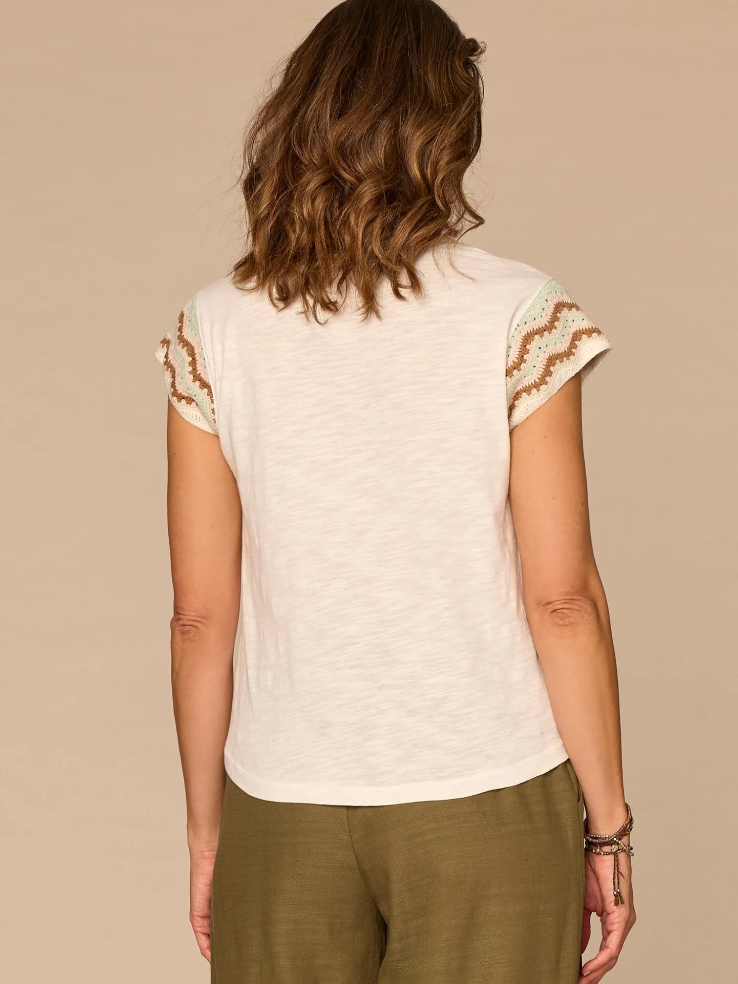 Multi Color Crochet Cap Sleeve Notched V-Neck Petite Knit Top