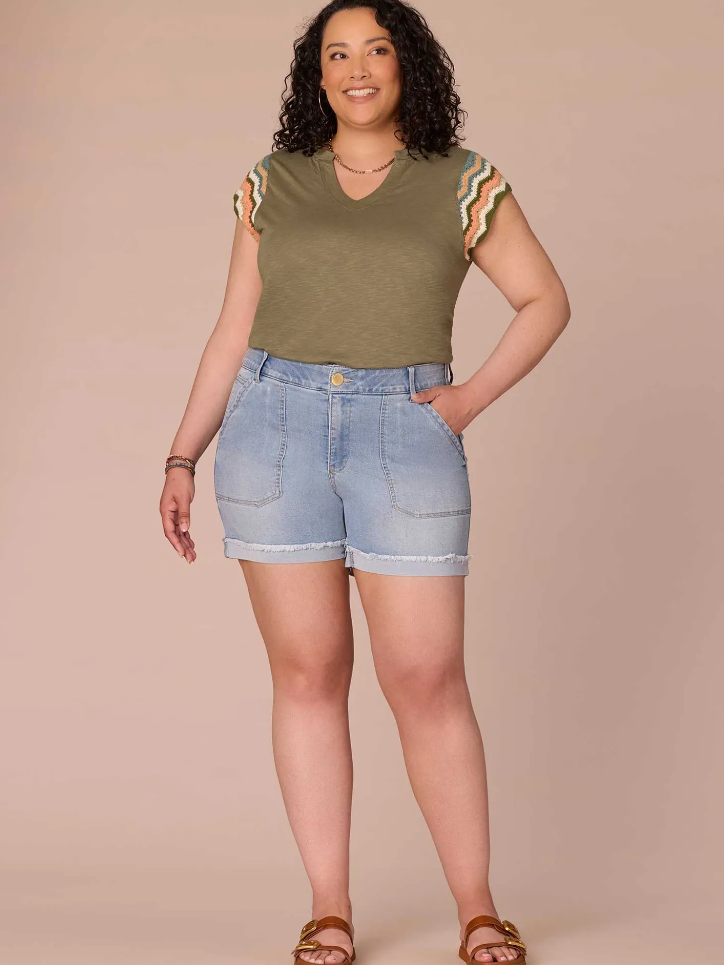 Multi Color Crochet Cap Sleeve Notched V-Neck Plus Size Knit Top