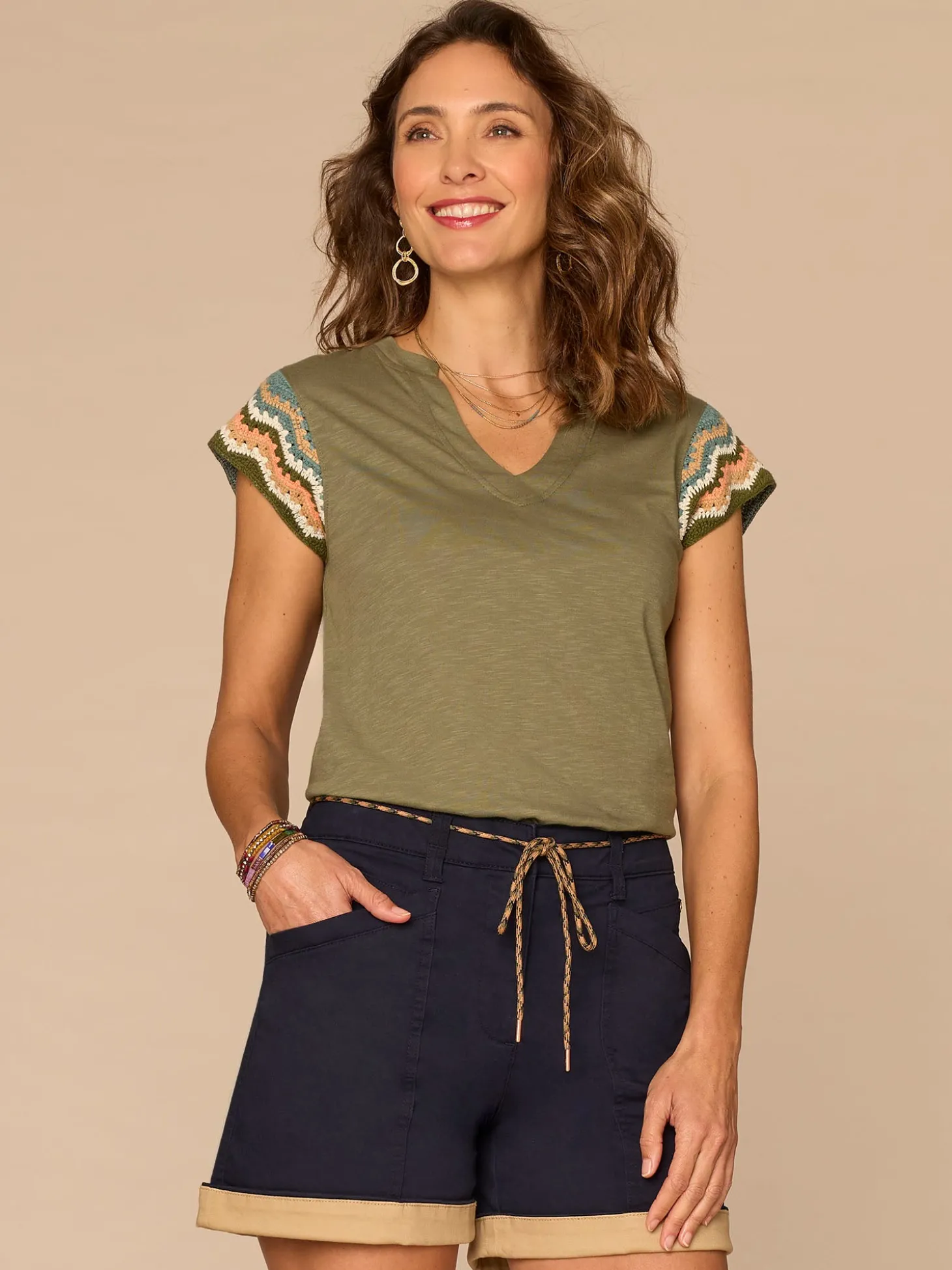 Multi Color Crochet Cap Sleeve Notched V-Neck Knit Top