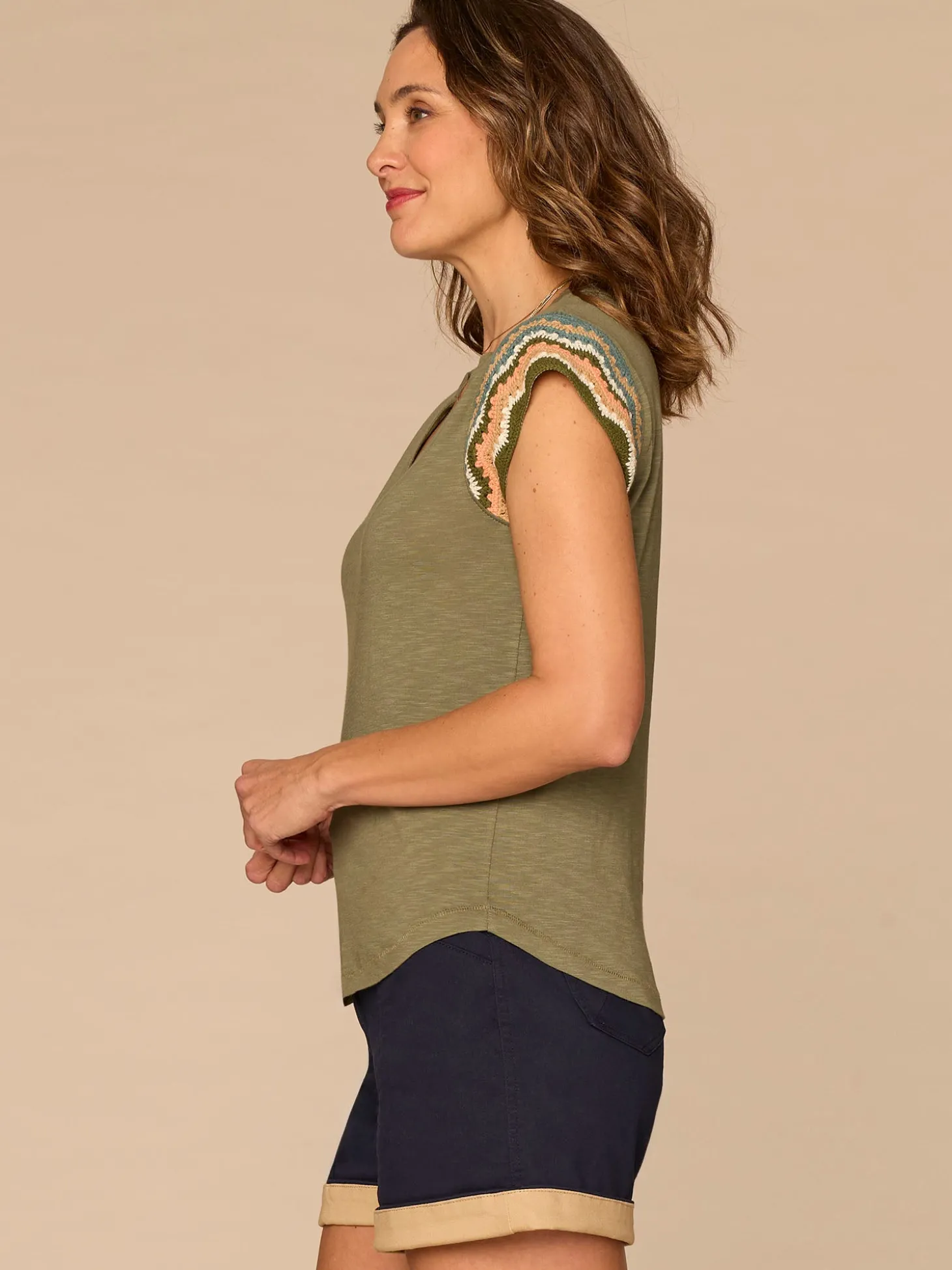 Multi Color Crochet Cap Sleeve Notched V-Neck Knit Top