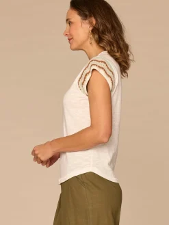 Multi Color Crochet Cap Sleeve Notched V-Neck Knit Top