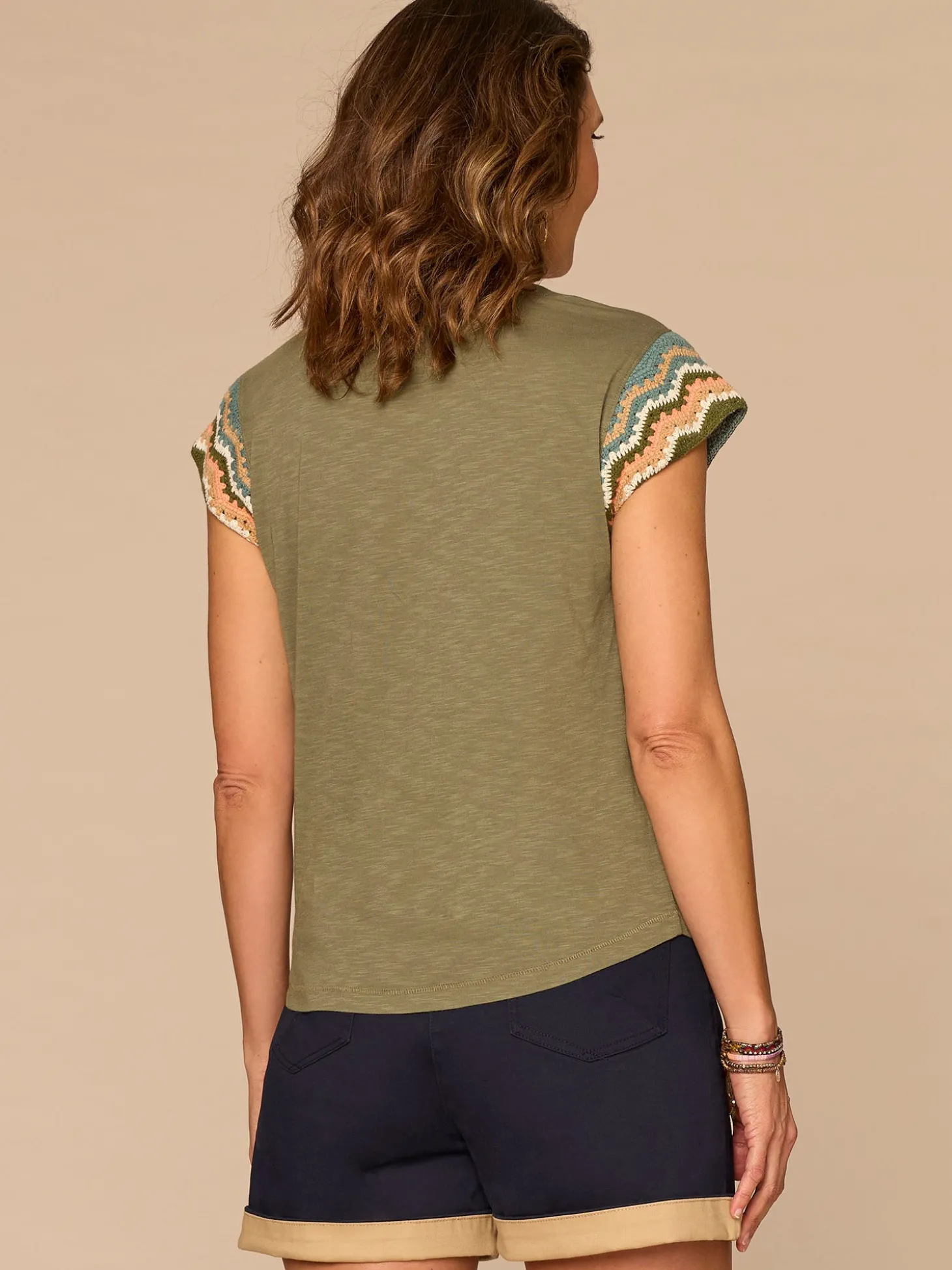 Multi Color Crochet Cap Sleeve Notched V-Neck Knit Top