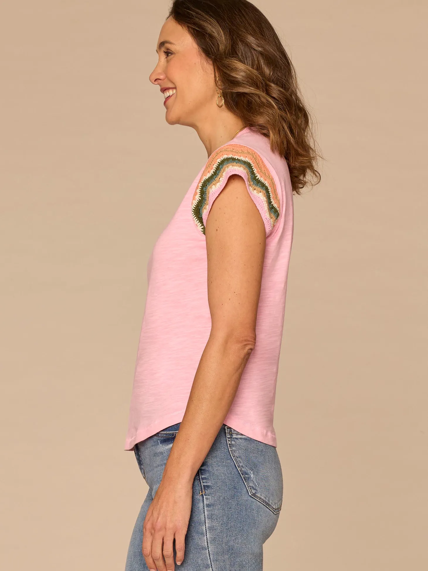 Multi Color Crochet Cap Sleeve Notched V-Neck Knit Top