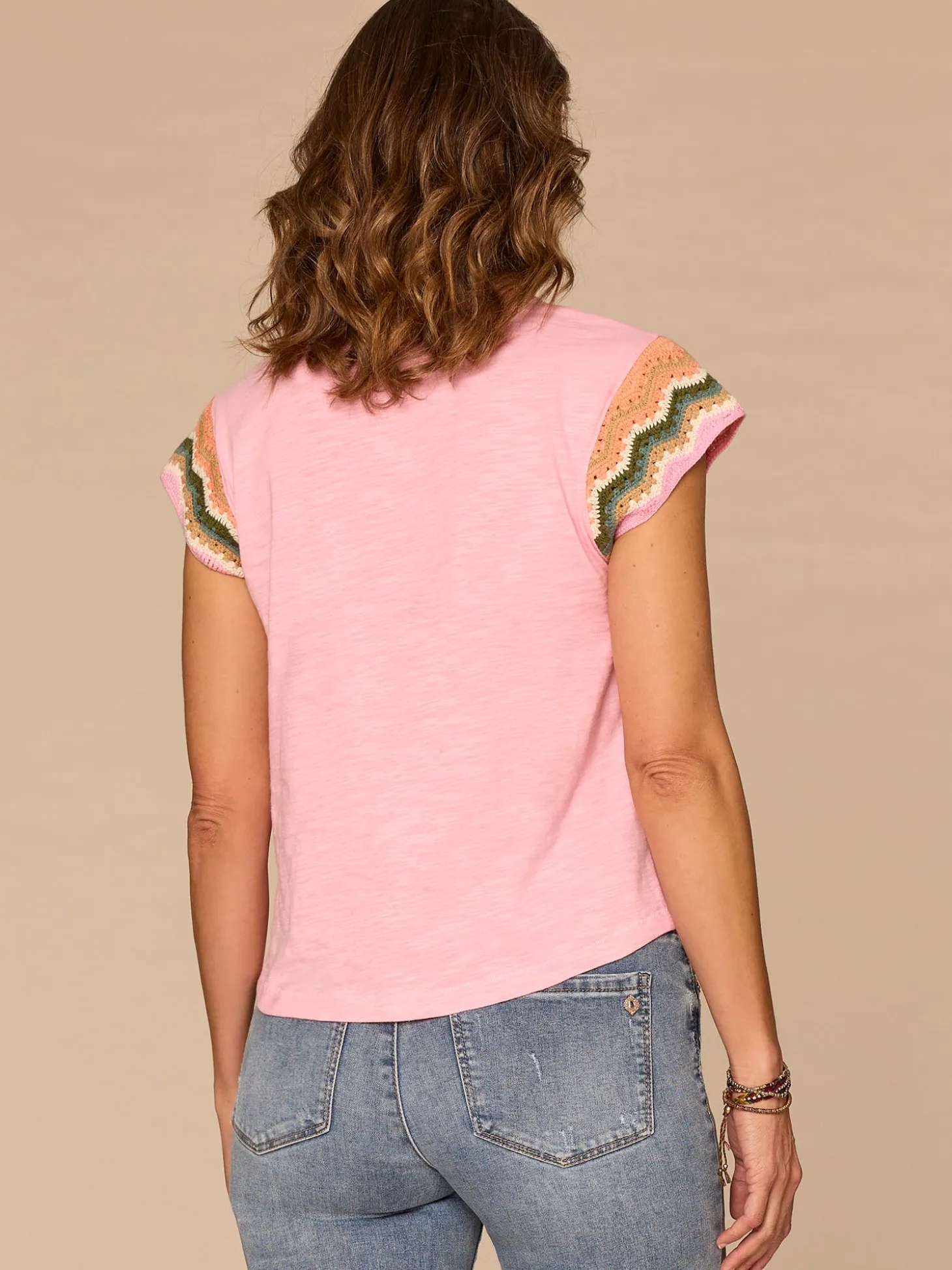 Multi Color Crochet Cap Sleeve Notched V-Neck Knit Top