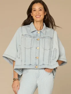 Open Sleeve Collared Button Down Denim Capelet with Welt Pockets
