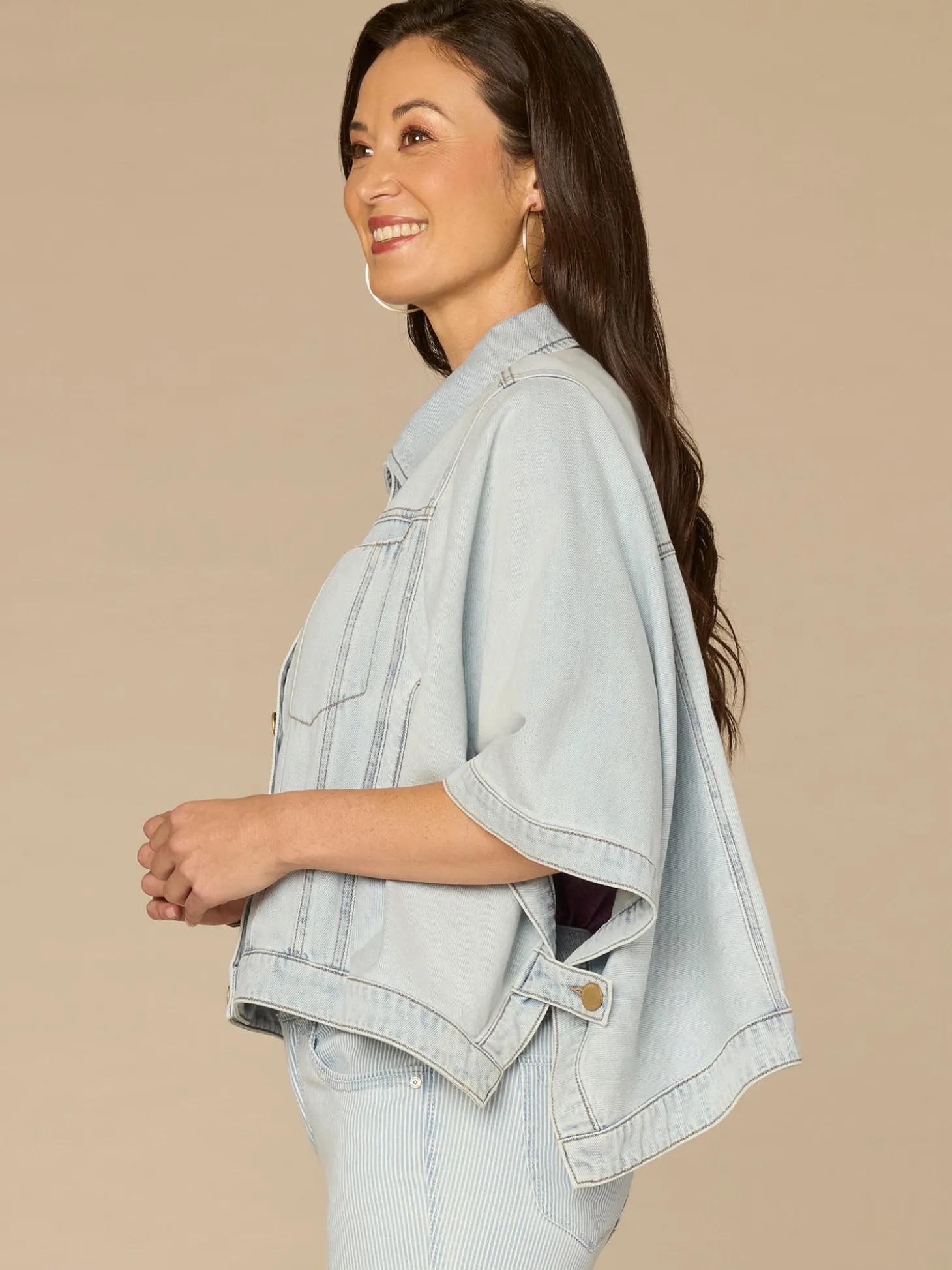 Open Sleeve Collared Button Down Denim Capelet with Welt Pockets