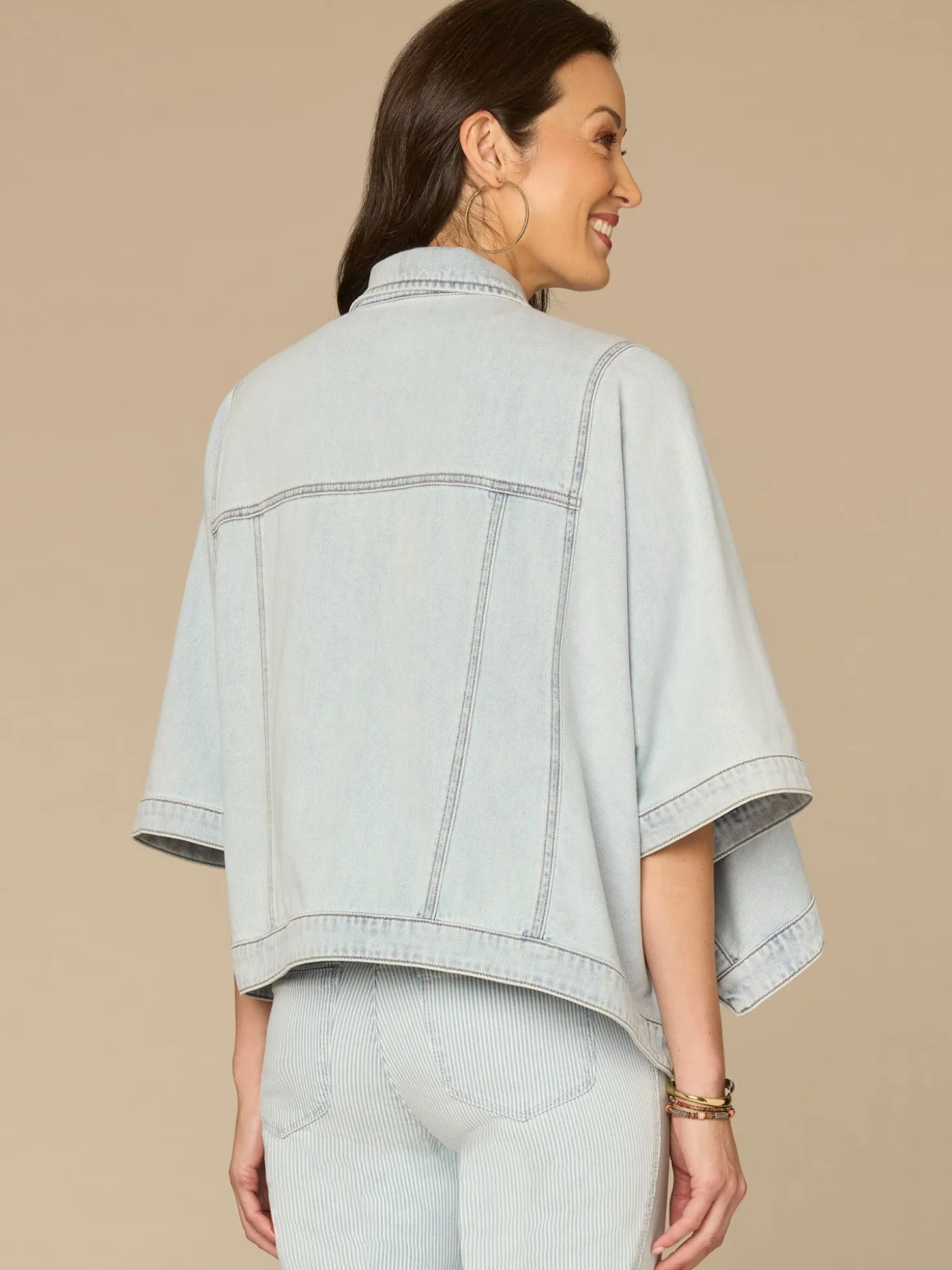 Open Sleeve Collared Button Down Denim Capelet with Welt Pockets